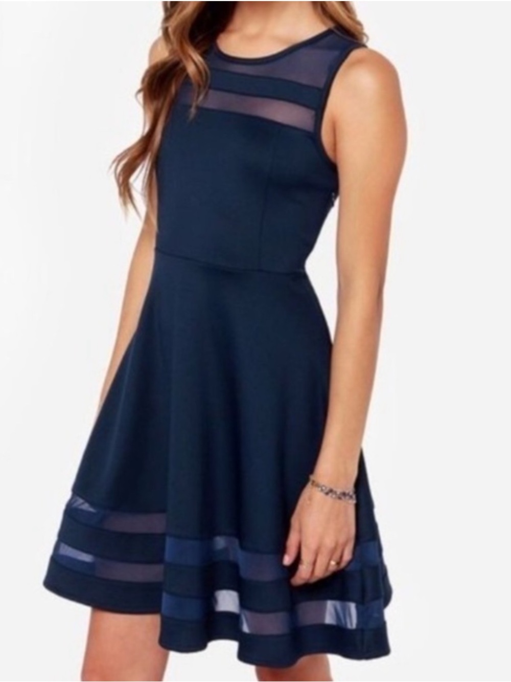 Lulus NWT Sheer Determination Navy Blue Fit & Flare Mesh Skater Dress Sz XS
